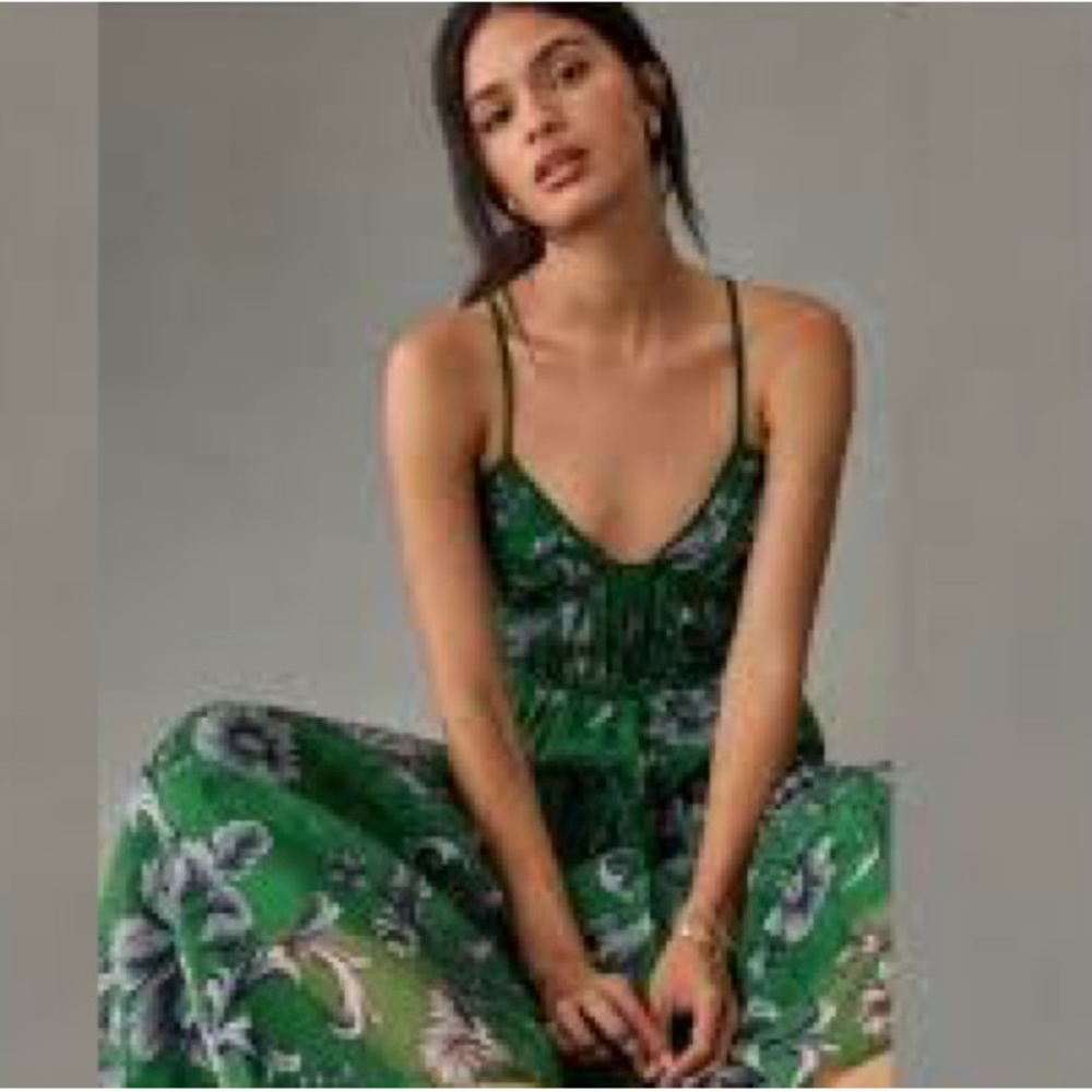 Anthropologie Green and White Floral V Neck Halter Midi Dress - Picture 2 of 10